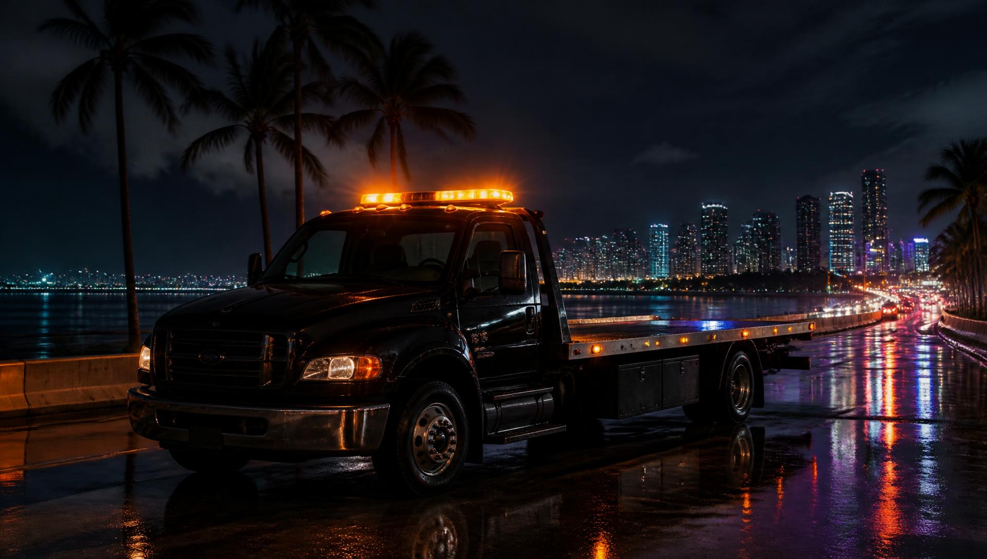 Shoreline Towing flatbed tow truck with amber lights on a Miami highway at night